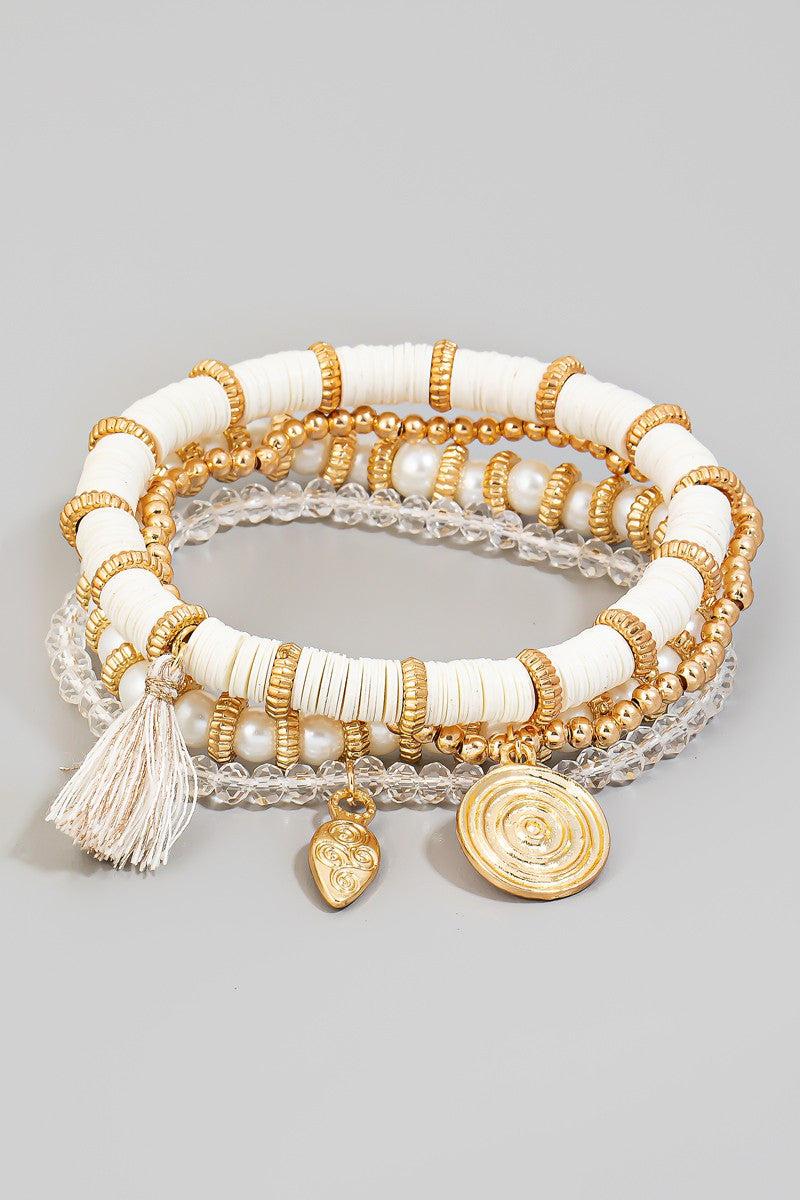 Black Coin And Tassel Charm Mixed Beaded Bracelet Set