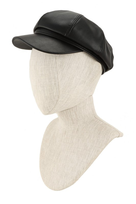 Vintage Faux Leather Solid Beret Cap