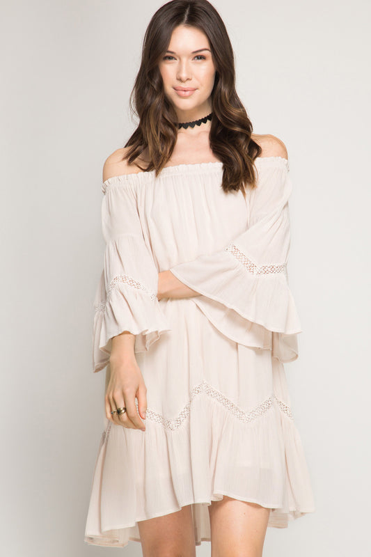 3/4 BELL SLEEVE OFF SHOULDER SWING DRESS