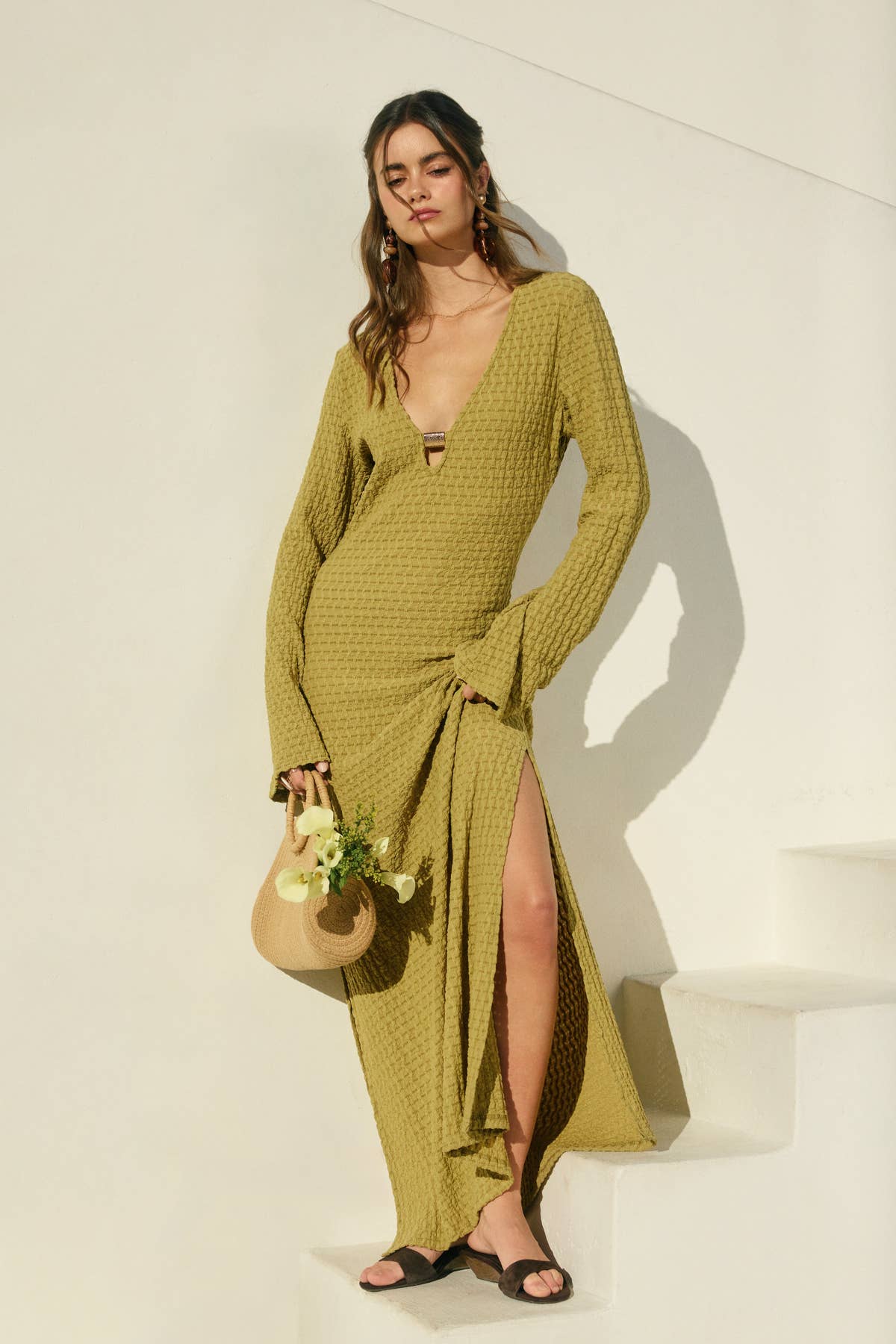 Marble Shore Gold Trim Bell Sleeve Maxi Dress