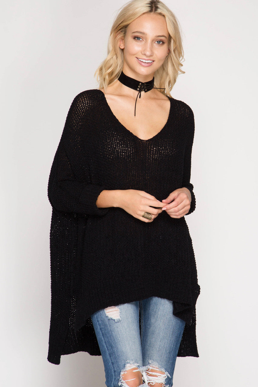 BLACK 3/4 SLEEVE HI-LOW PULLOVER SWEATER