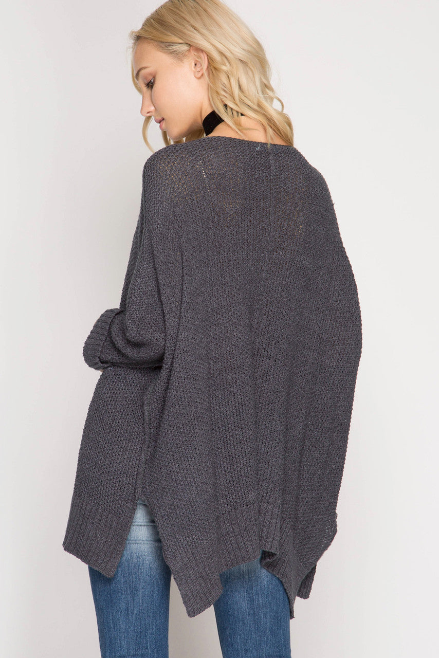 BLACK 3/4 SLEEVE HI-LOW PULLOVER SWEATER