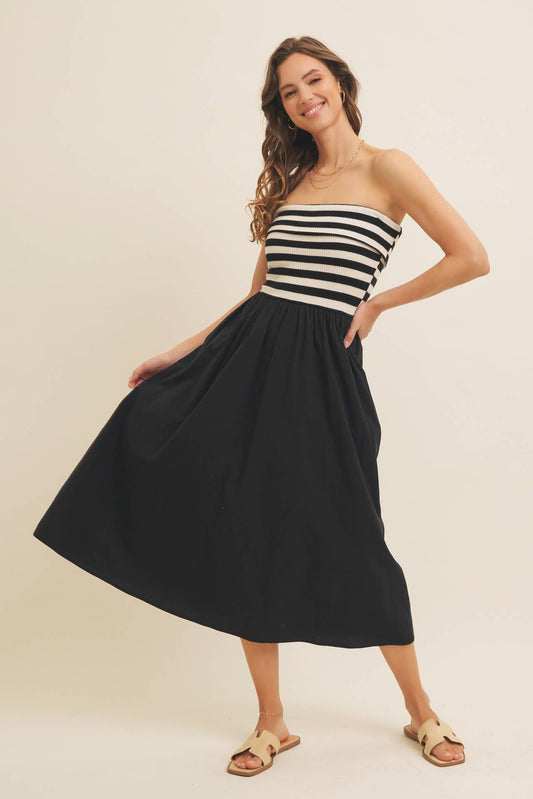 FOLDED CONTRAST STRIPE RIB SWEATER TOP MIDI DRESS