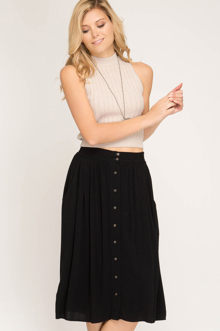 BRENDA BLACK BUTTON DOWN MIDI SKIRT