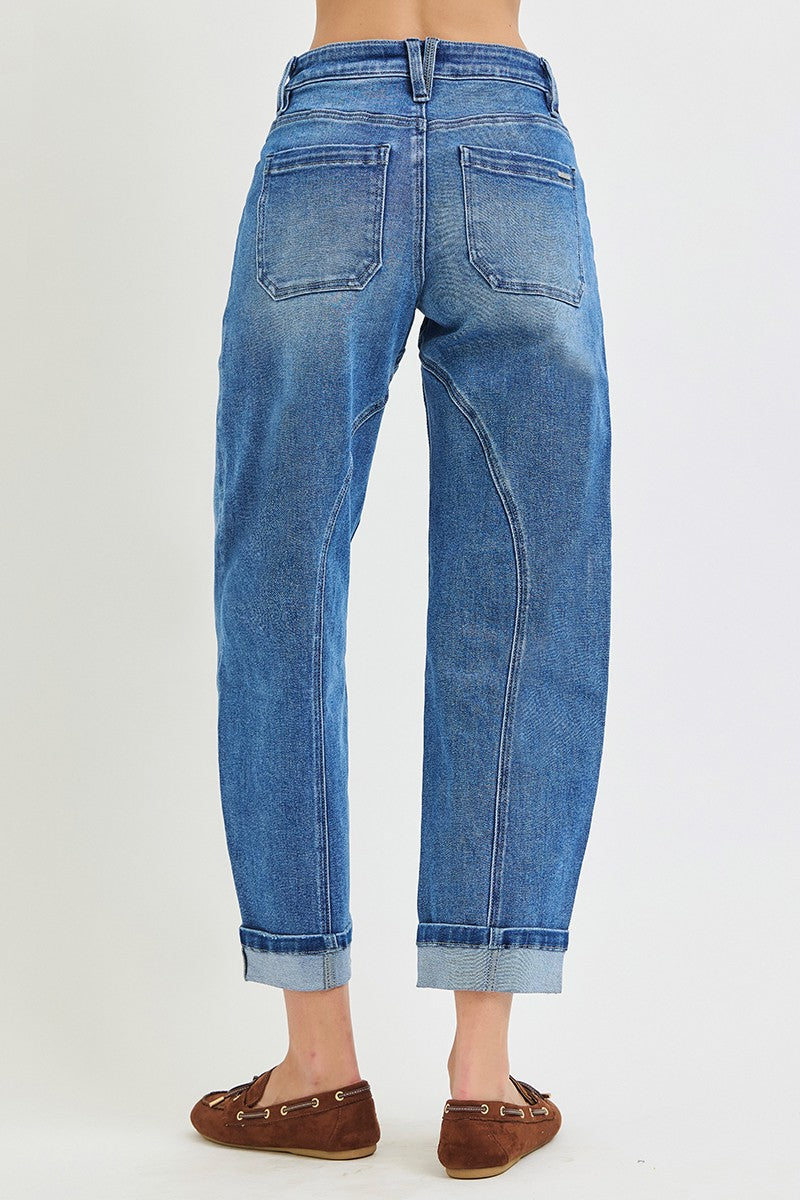 Mid Rise Crop Barrel Curved Seam Line Detail Cuffed Jeans