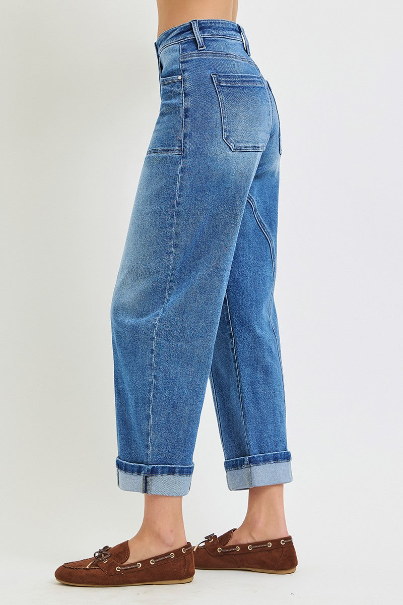 Mid Rise Crop Barrel Curved Seam Line Detail Cuffed Jeans