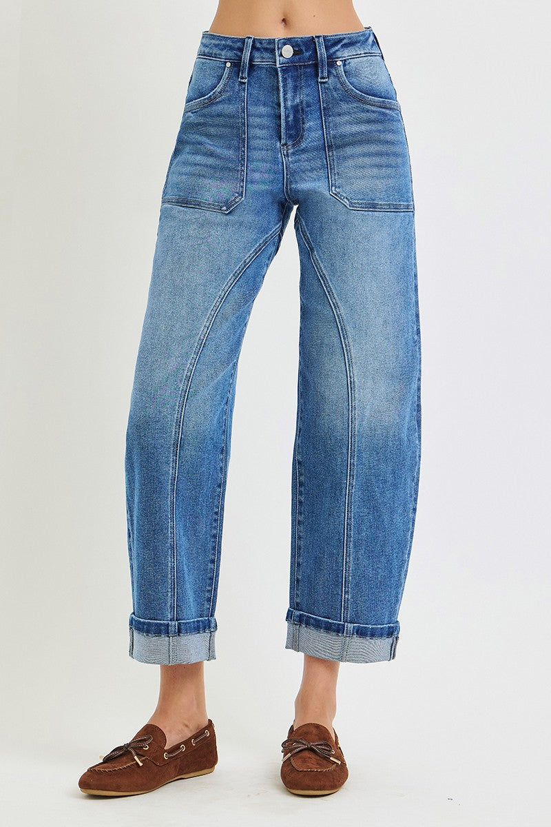 Mid Rise Crop Barrel Curved Seam Line Detail Cuffed Jeans
