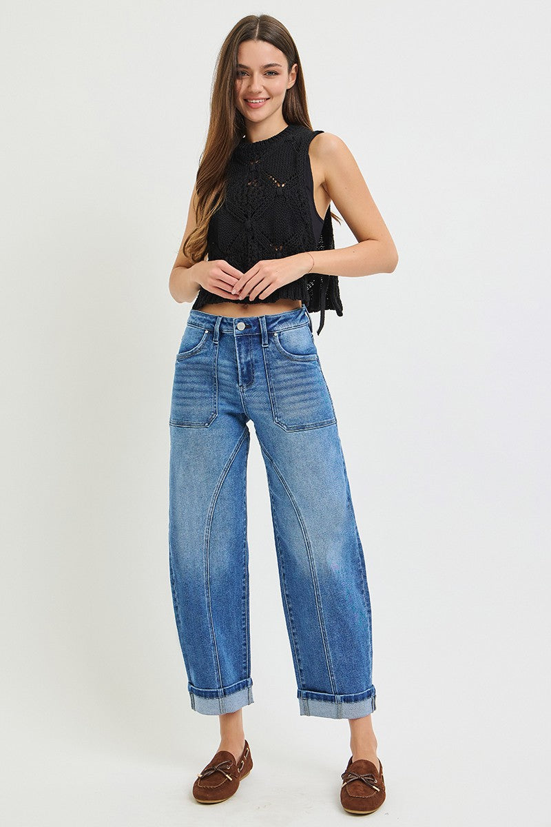 Mid Rise Crop Barrel Curved Seam Line Detail Cuffed Jeans