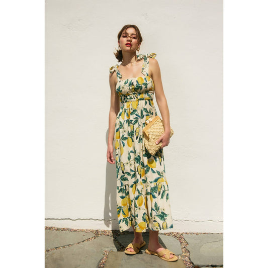 Vintage Lemonade Ribbed Tie Maxi Dress: LEMON GARDEN / S-M-L(2-2-2)