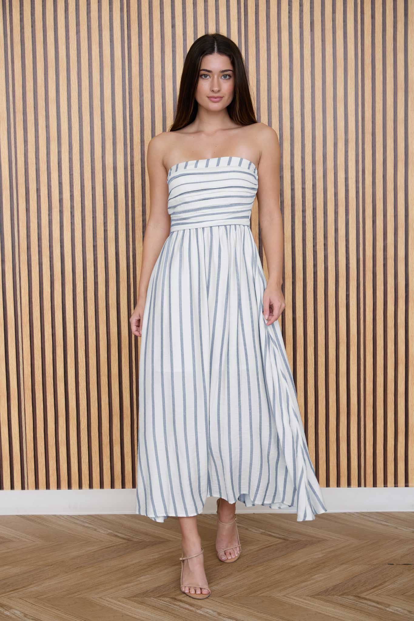 STRIPE PLEATED STRAPLESS LINEN MIDI DRESS