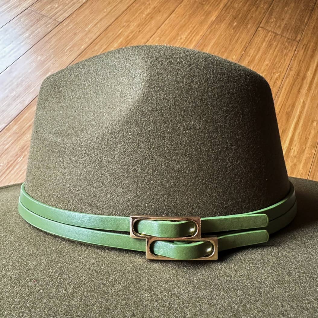 Refined Olive Fedora with Faux Leather Double Buckle Trim