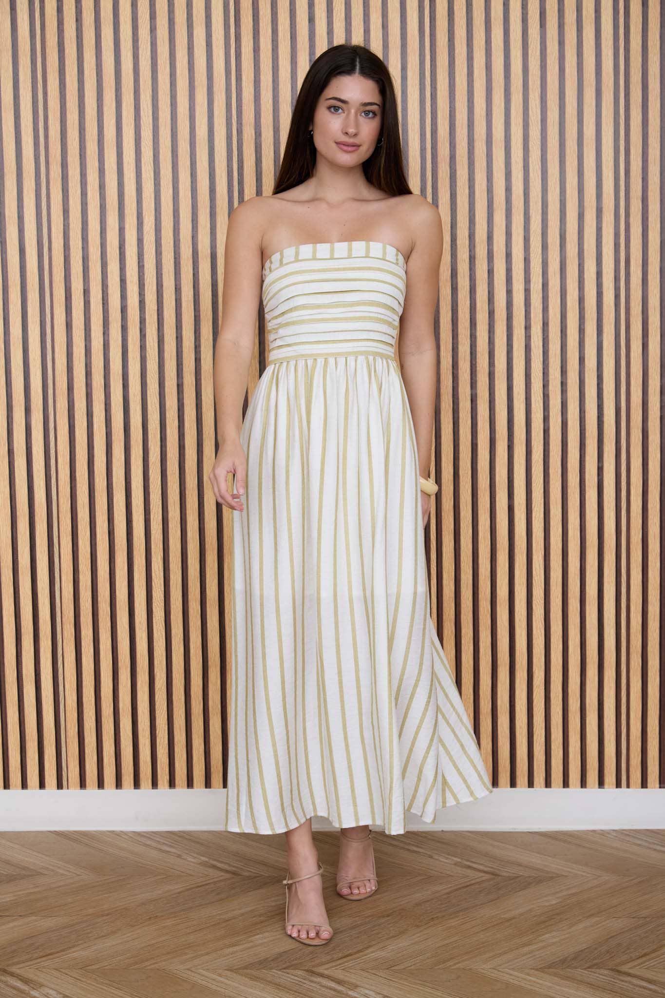 STRIPE PLEATED STRAPLESS LINEN MIDI DRESS