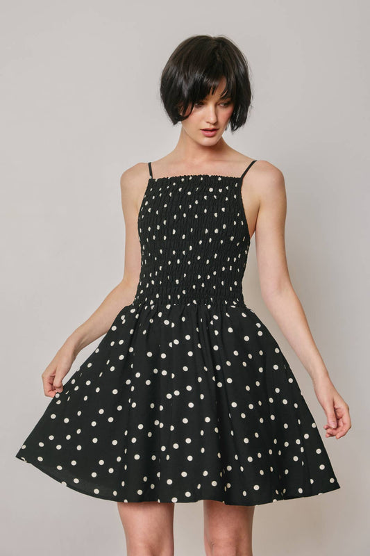 Polka Dot Fit And Flare Smocked Mini Dress