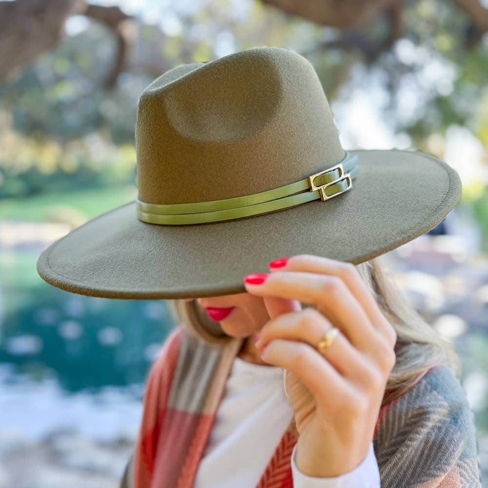 Refined Olive Fedora with Faux Leather Double Buckle Trim