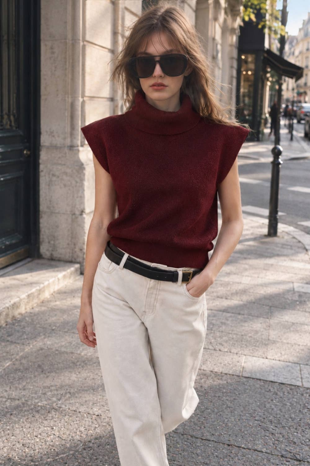 RIBBED SLEEVELESS TURTLENECK SWEATER