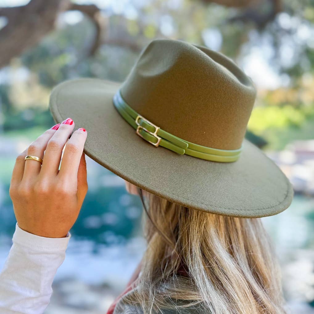 Refined Olive Fedora with Faux Leather Double Buckle Trim