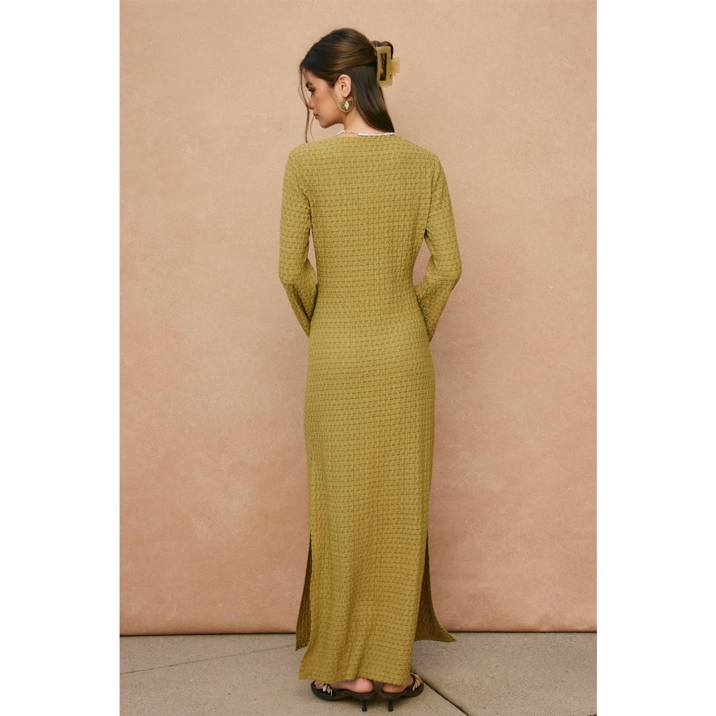 Marble Shore Gold Trim Bell Sleeve Maxi Dress