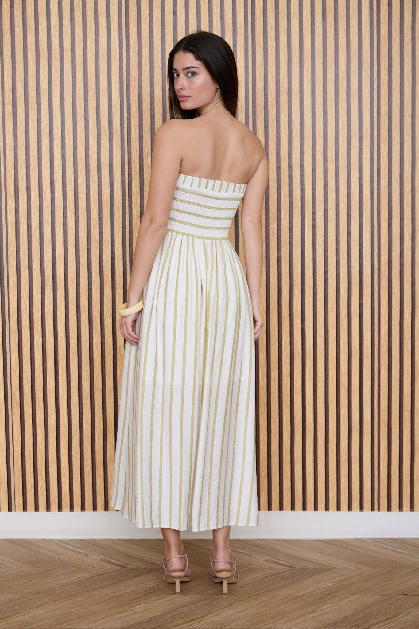 STRIPE PLEATED STRAPLESS LINEN MIDI DRESS