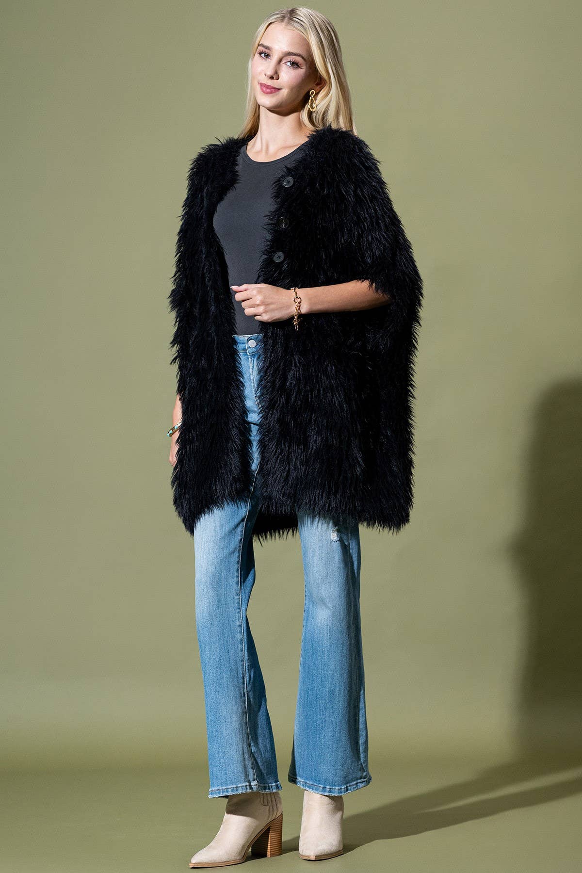 Shaggy Faux Fur Button Down Poncho