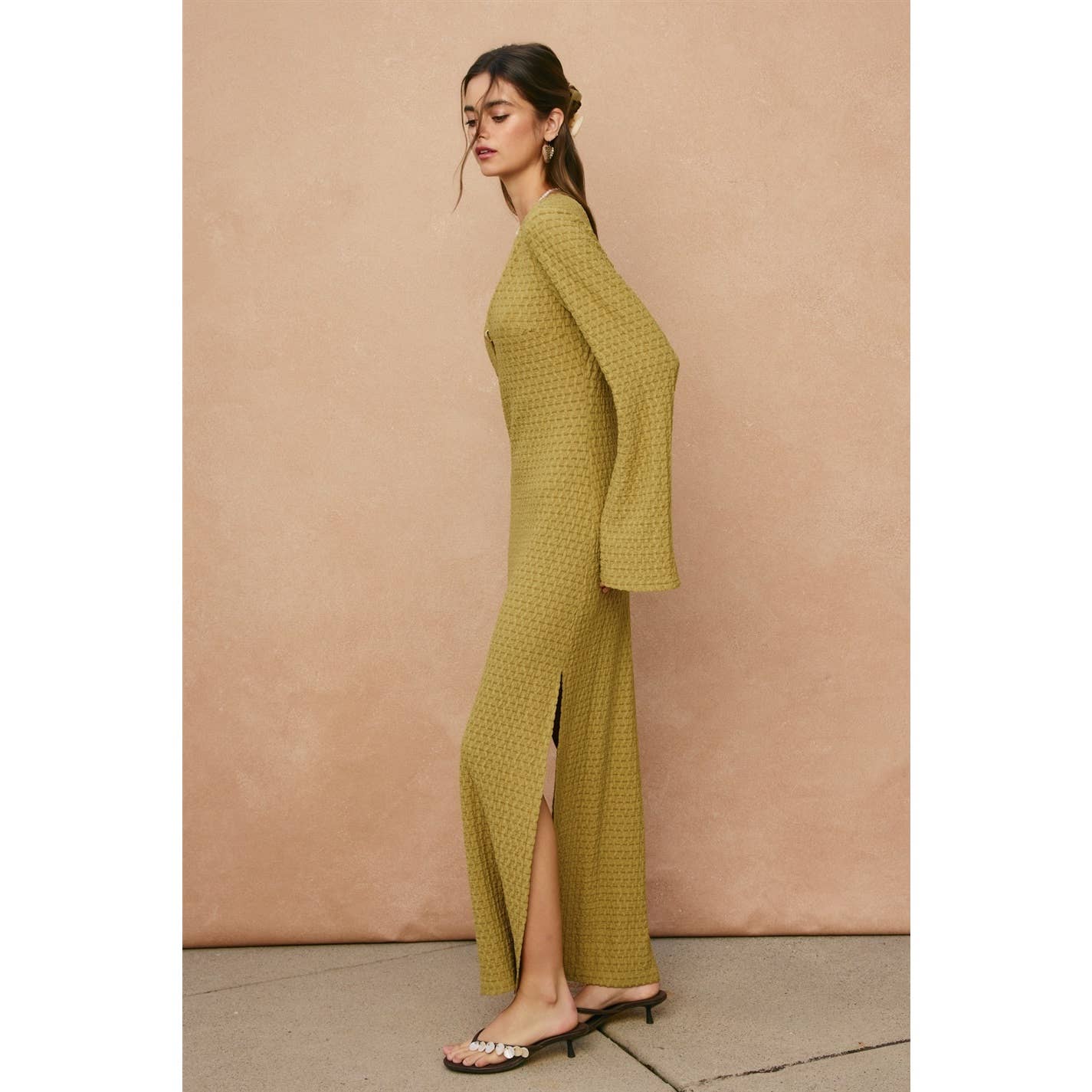 Marble Shore Gold Trim Bell Sleeve Maxi Dress