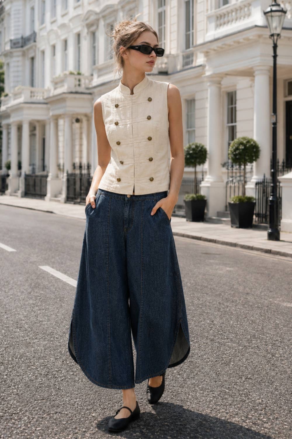 Washed Denim Side Vent Pants