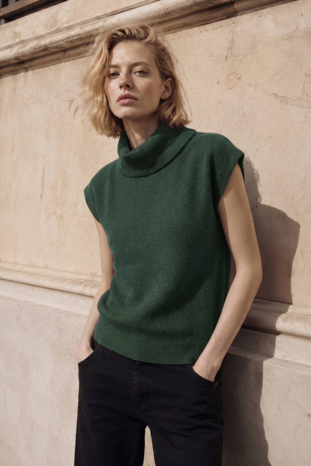 RIBBED SLEEVELESS TURTLENECK SWEATER