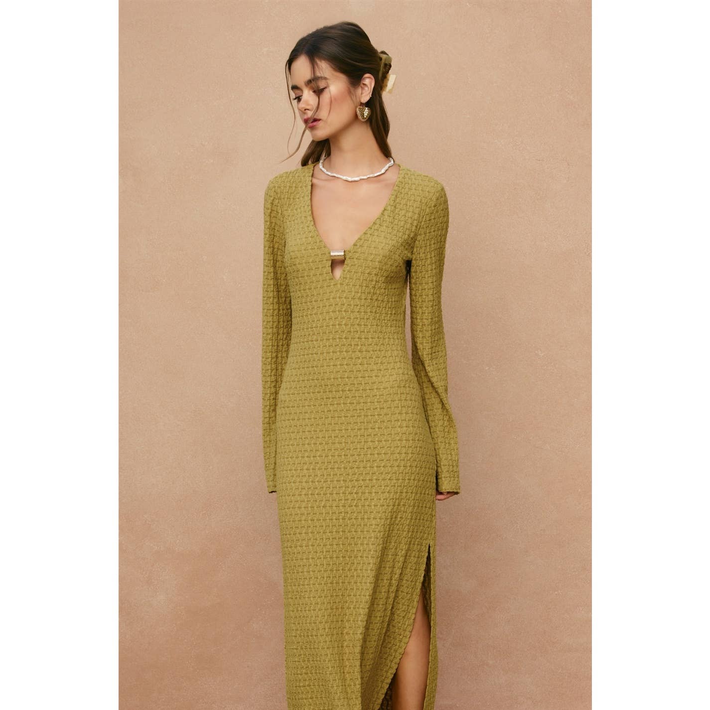 Marble Shore Gold Trim Bell Sleeve Maxi Dress