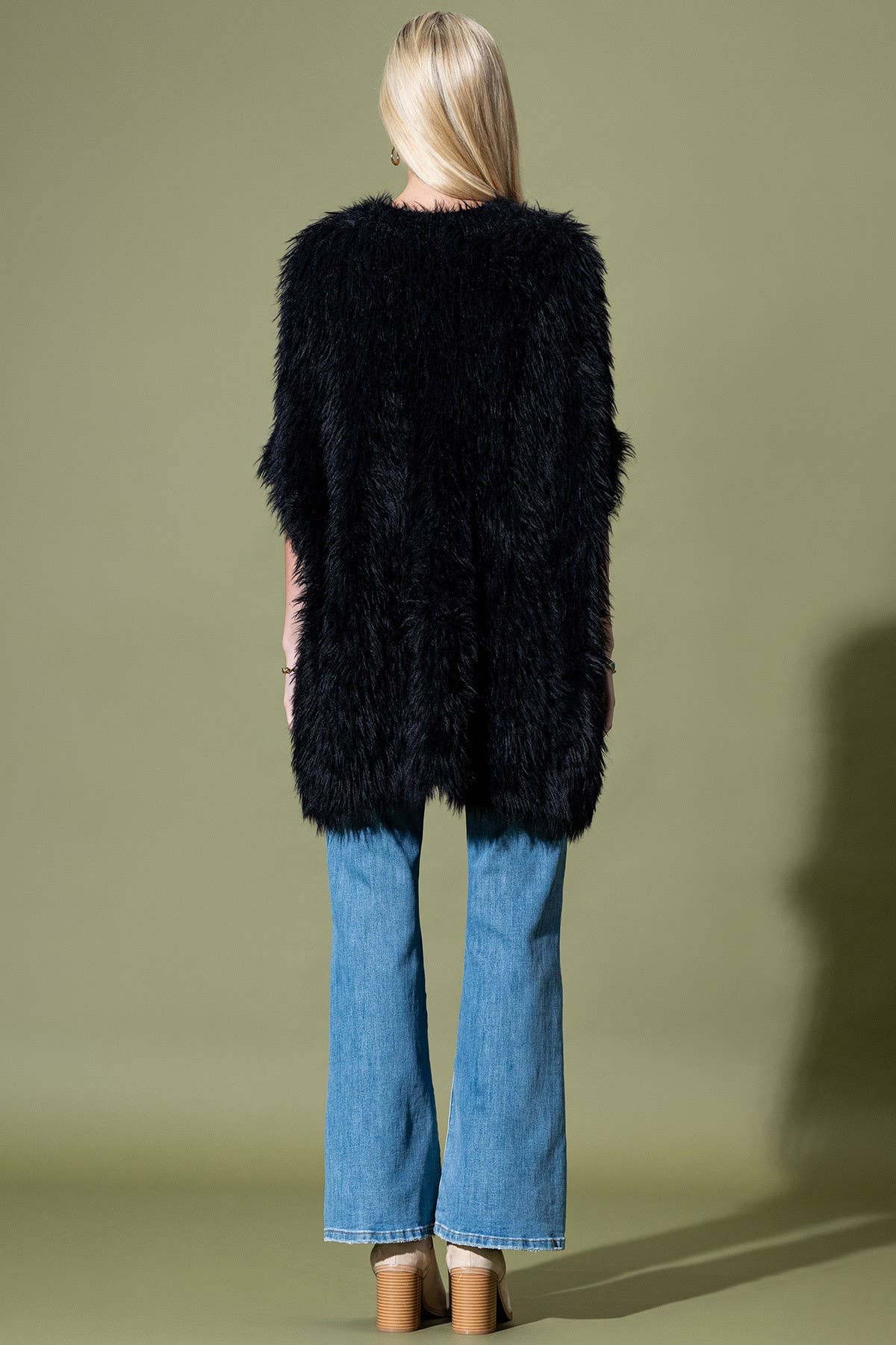 Shaggy Faux Fur Button Down Poncho