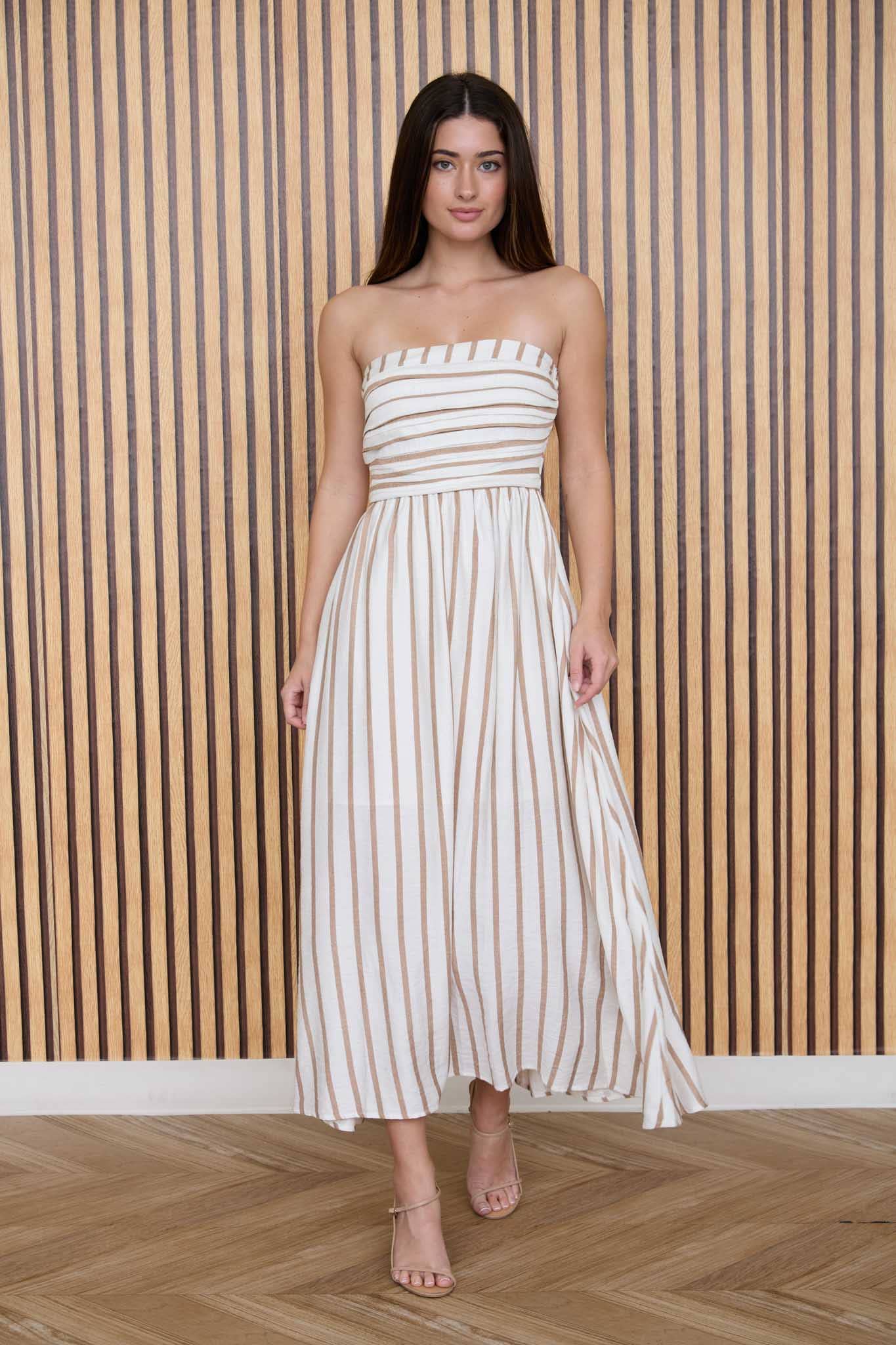 STRIPE PLEATED STRAPLESS LINEN MIDI DRESS