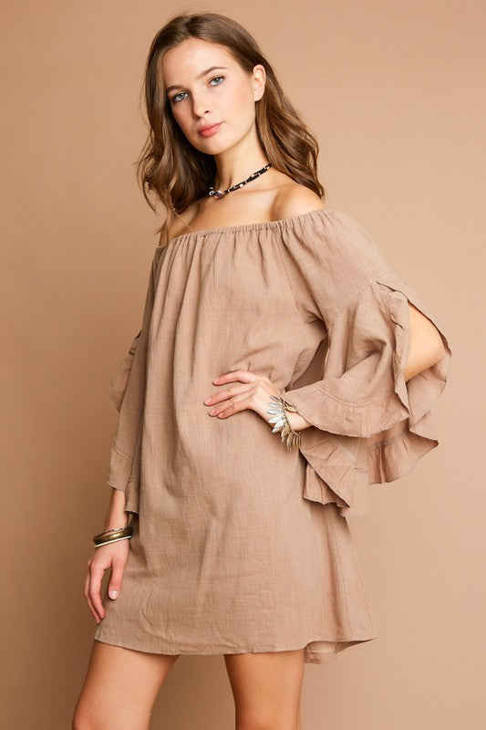 COFFEE OFF THE SHOULDER DRESS WITH RUFFLES