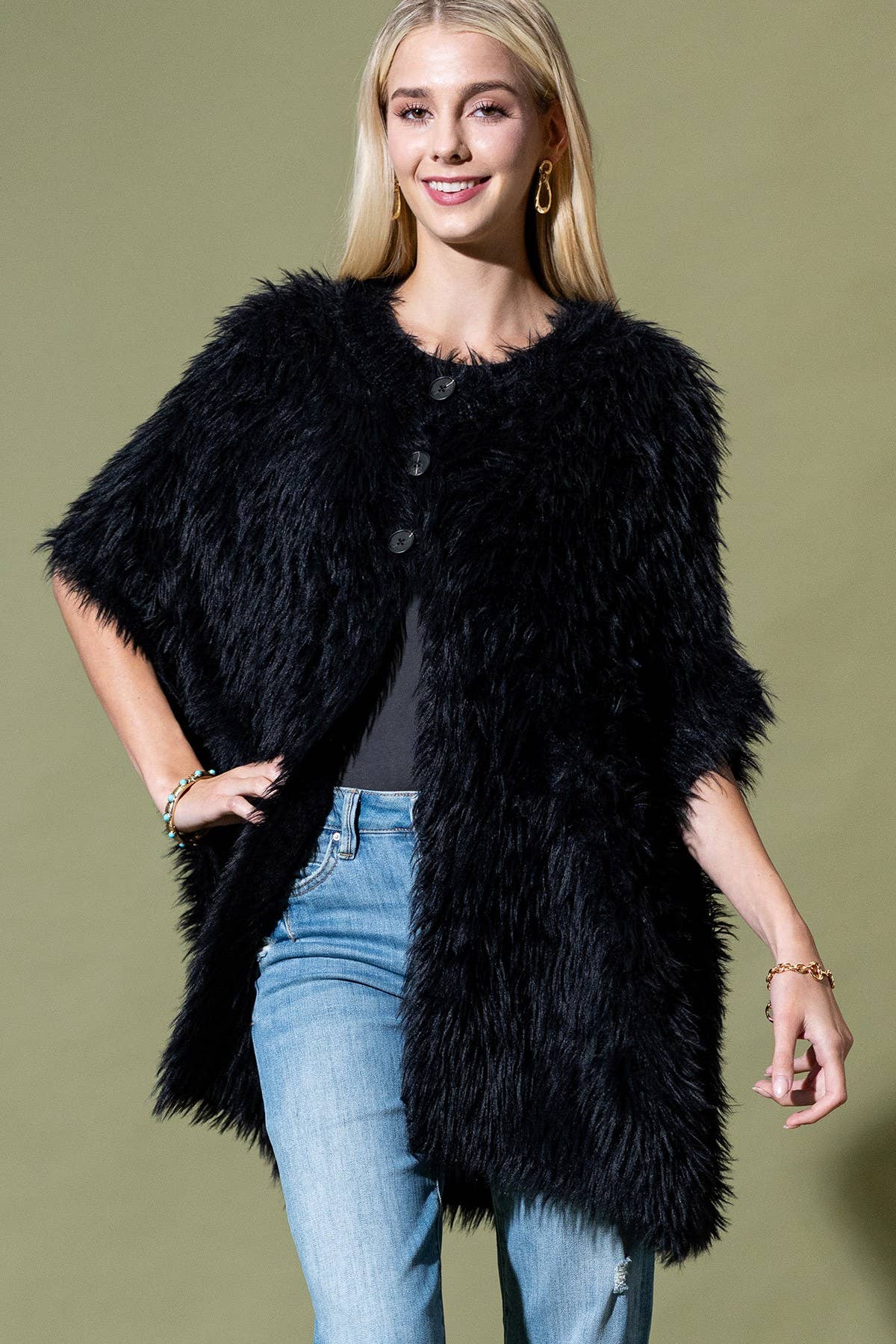 Shaggy Faux Fur Button Down Poncho