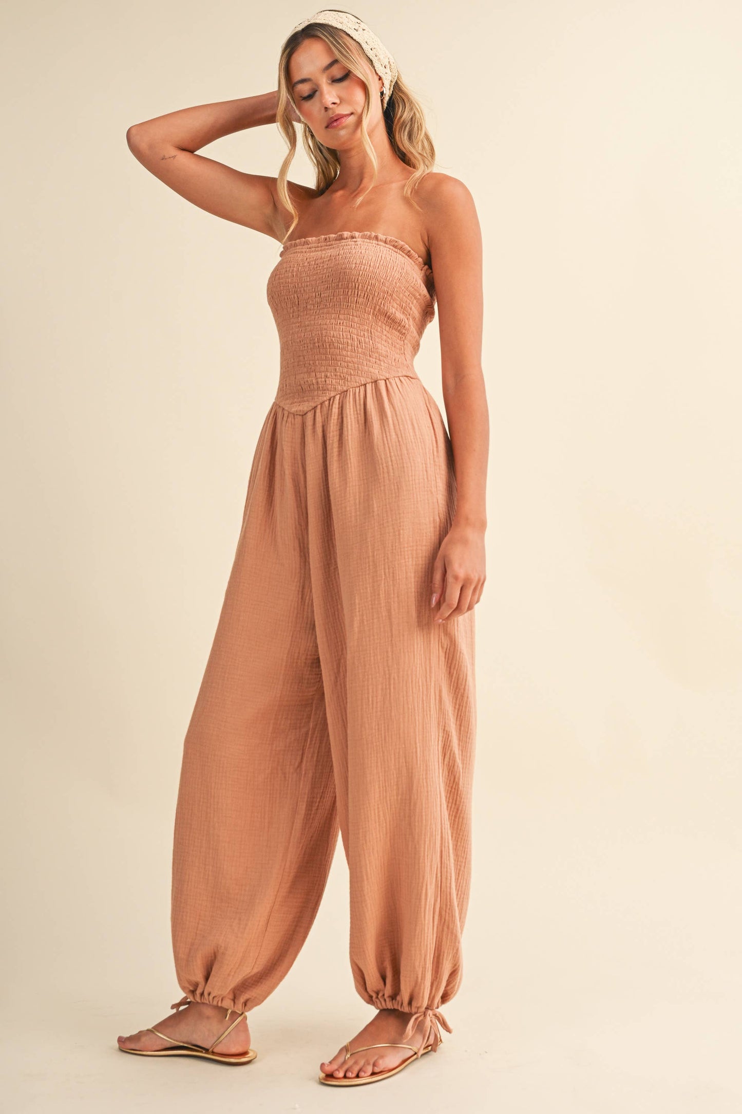 STRAPLESS SMOCKED CHEVRON WAIST ADJUSTABLE ANKLE JUMPSUIT