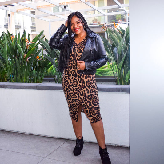 DROP SHOULDER V NECK LEOPARD DRESS