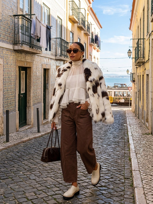 Luxurious Cow-Print Faux Fur Statement Coat