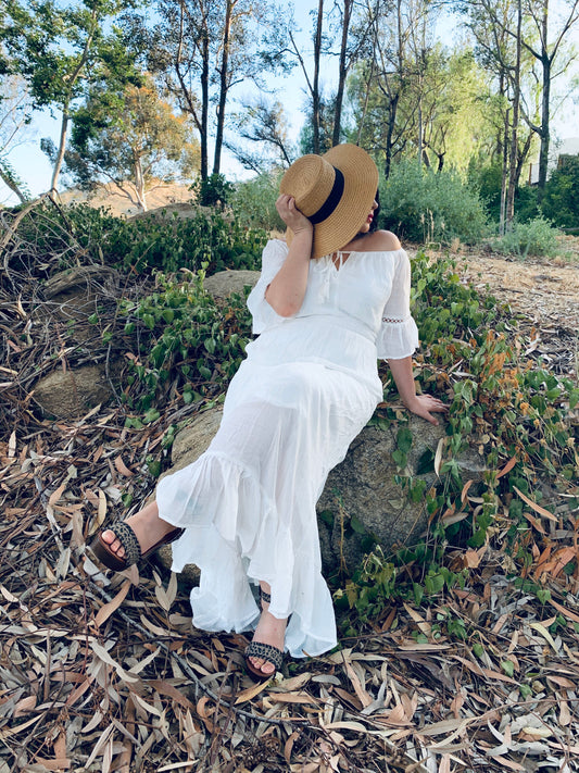 NATURAL OFF SHOULDER MAXI DRESS
