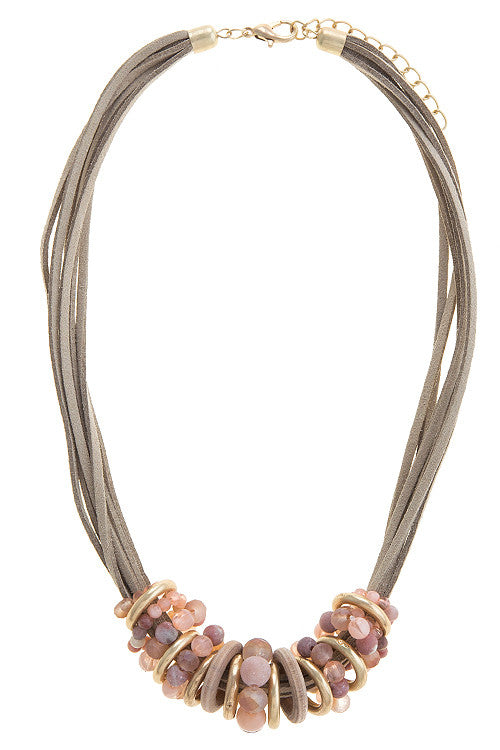 SEMI PRECIOUS ROSE STONE BEADED RING NECKLACE SET