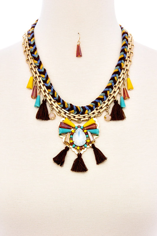 BRAIDED TRIPLE COLOR THREADS WITH TASSEL AND GLASS BEAD