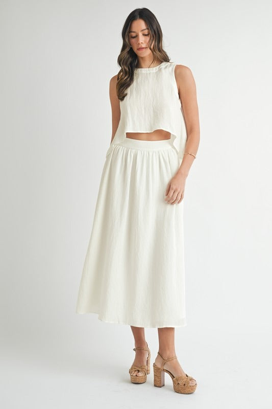 MABLE Wrinkled Round Neck Swing Top and Skirt Set