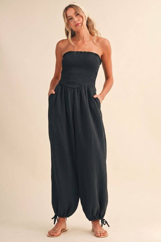 STRAPLESS SMOCKED CHEVRON WAIST ADJUSTABLE ANKLE JUMPSUIT