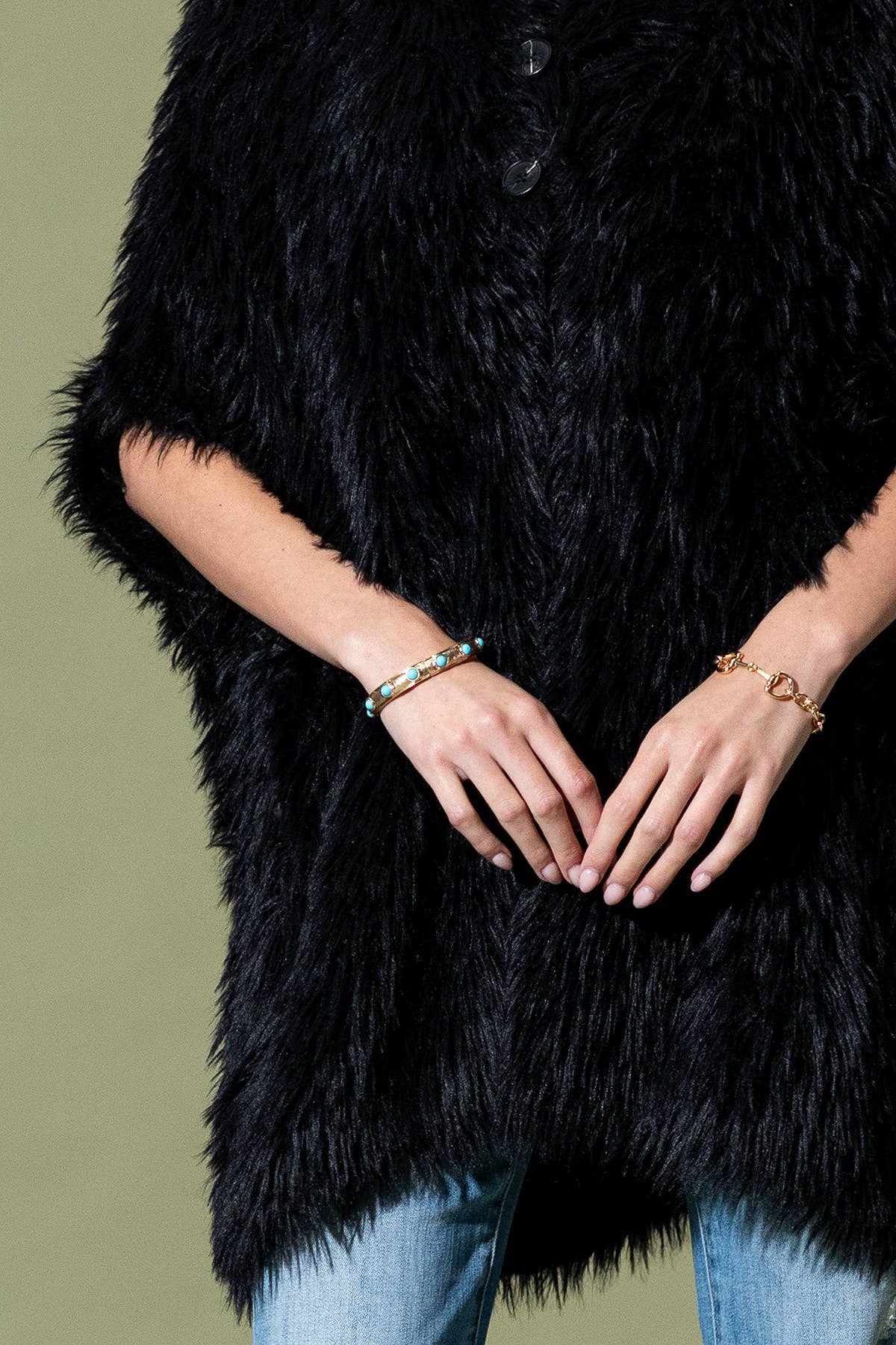 Shaggy Faux Fur Button Down Poncho