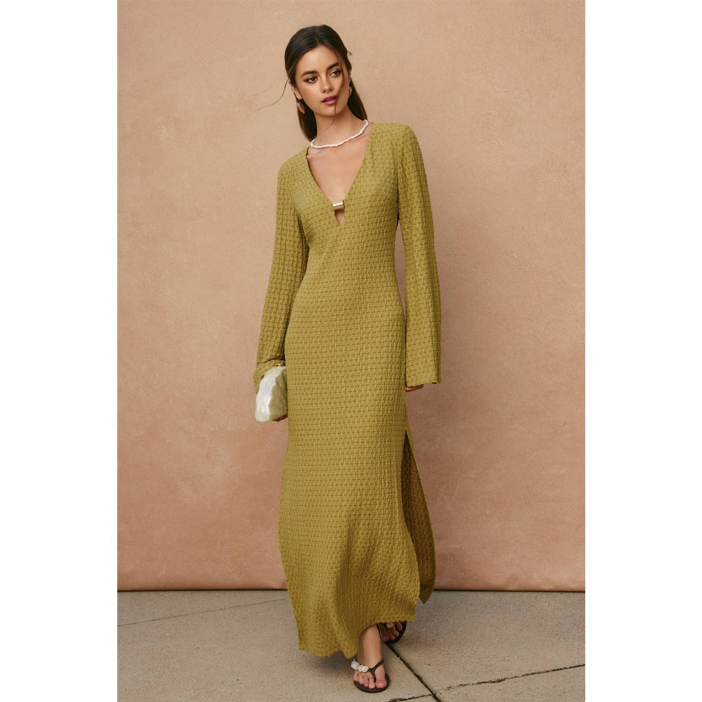 Marble Shore Gold Trim Bell Sleeve Maxi Dress