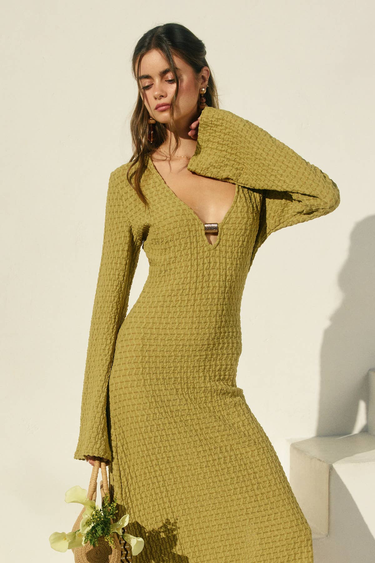 Marble Shore Gold Trim Bell Sleeve Maxi Dress