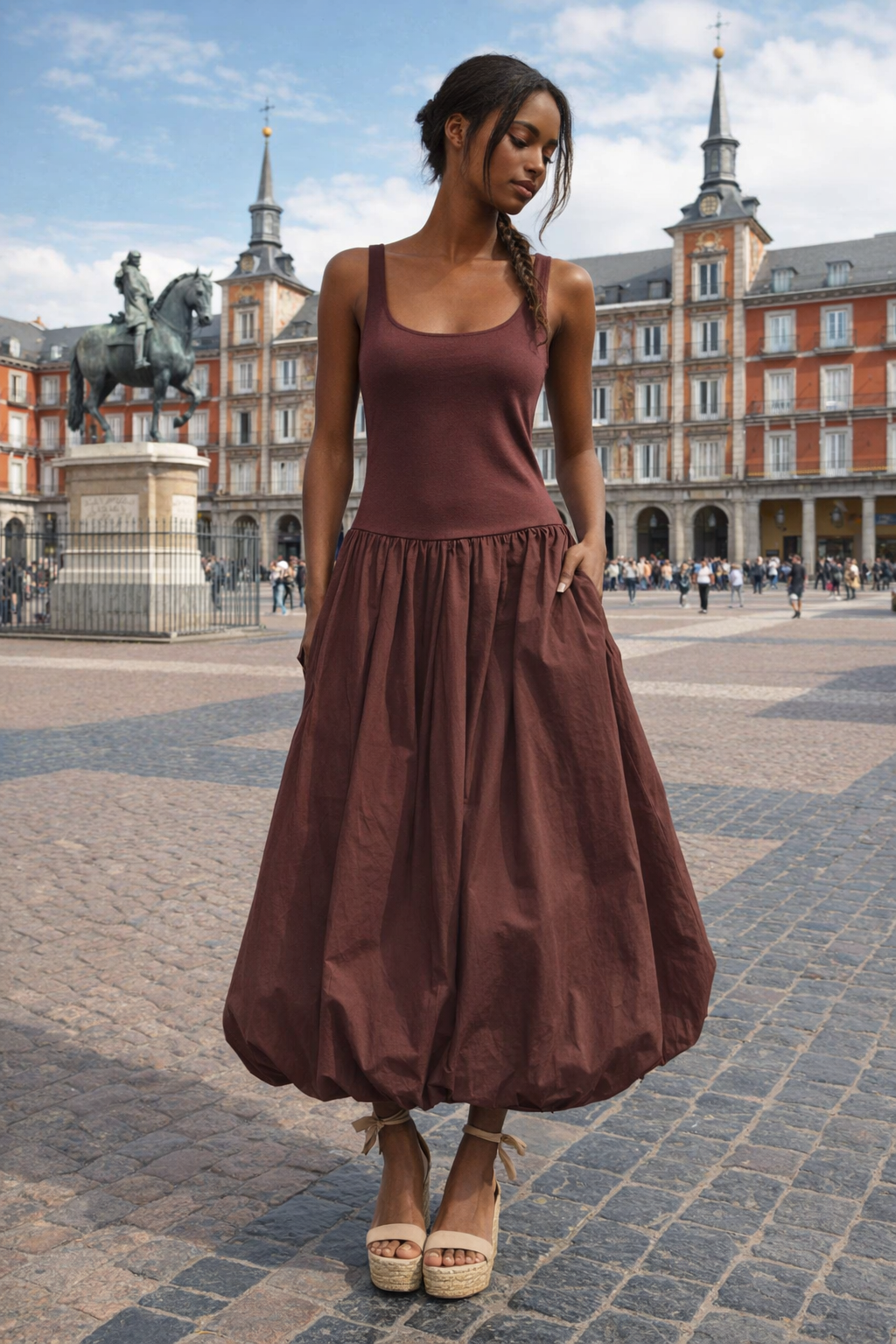BALLOON HEM SLEEVELESS MIDI DRESS ESPRESSO