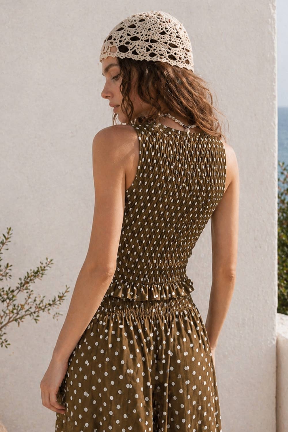 SMOCKED POLKA DOT TANK TOP