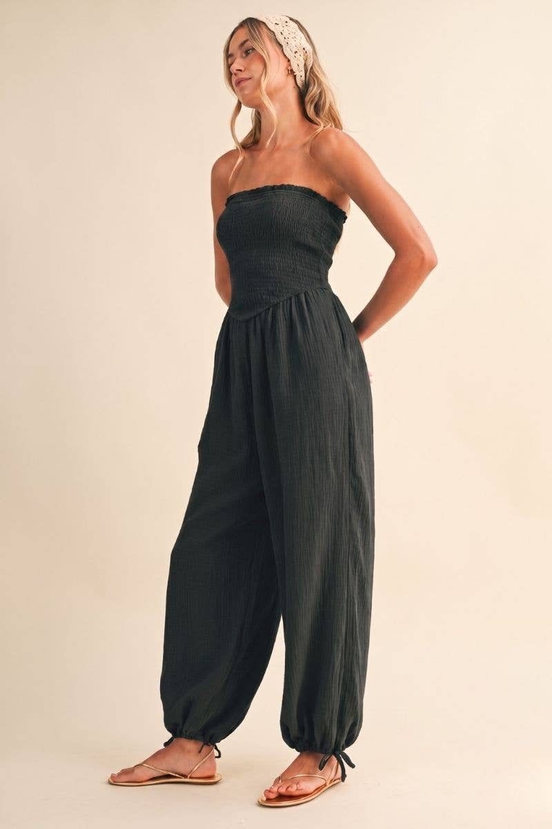 STRAPLESS SMOCKED CHEVRON WAIST ADJUSTABLE ANKLE JUMPSUIT