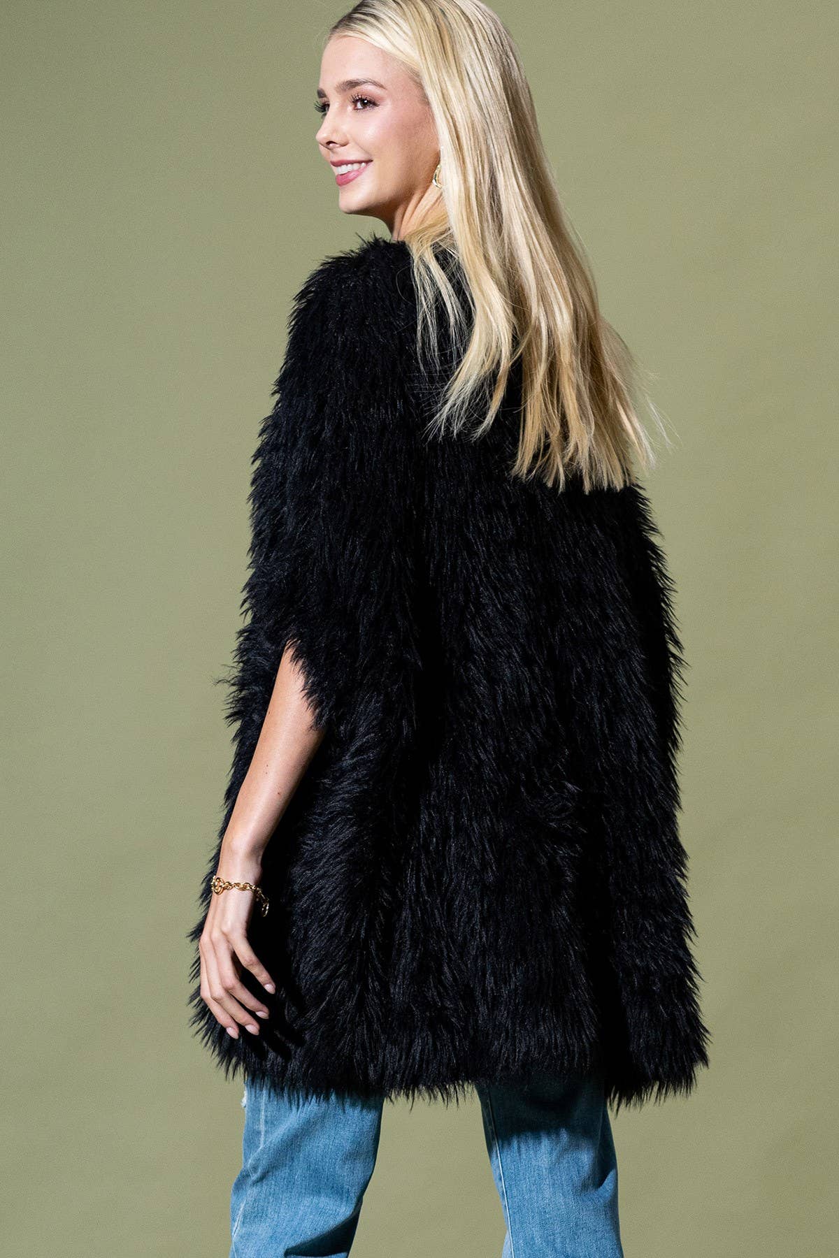 Shaggy Faux Fur Button Down Poncho
