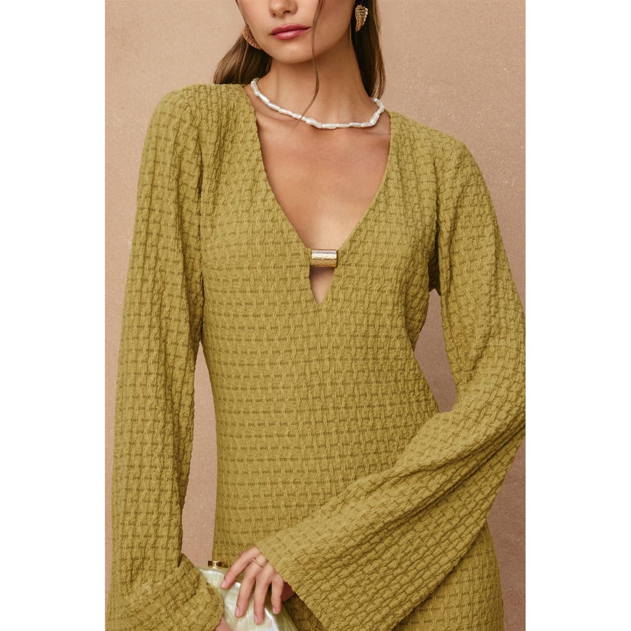 Marble Shore Gold Trim Bell Sleeve Maxi Dress