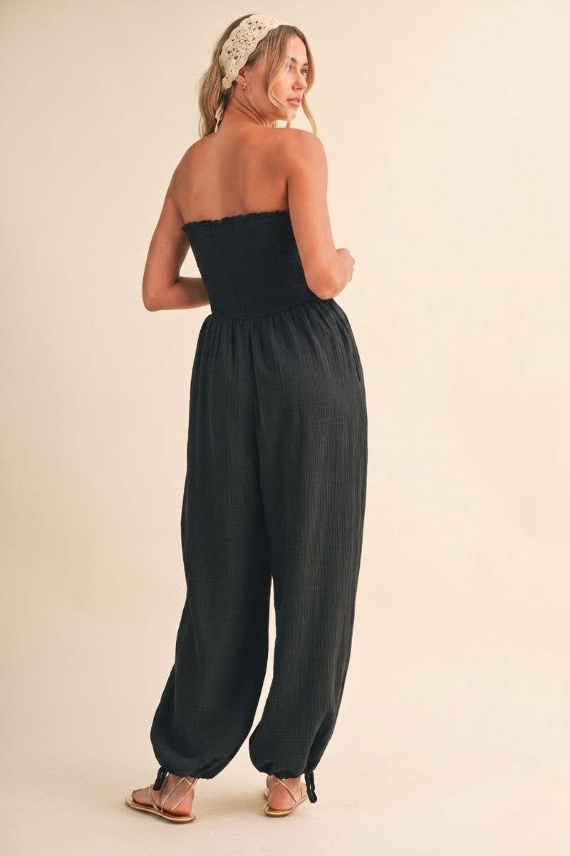 STRAPLESS SMOCKED CHEVRON WAIST ADJUSTABLE ANKLE JUMPSUIT