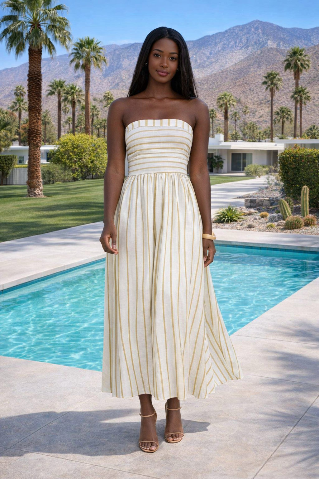 STRIPE PLEATED STRAPLESS LINEN MIDI DRESS