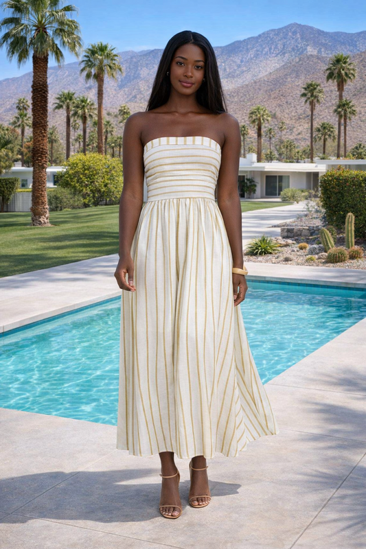 STRIPE PLEATED STRAPLESS LINEN MIDI DRESS